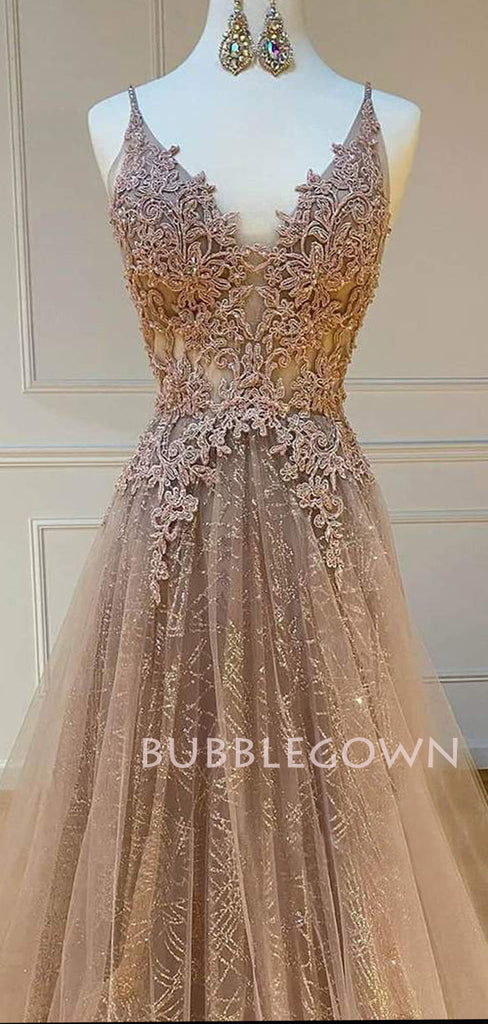 Champagne Lace V-neck Tulle A-line Long Evening Prom Dresses, MR7272