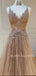 Champagne Lace V-neck Tulle A-line Long Evening Prom Dresses, MR7272