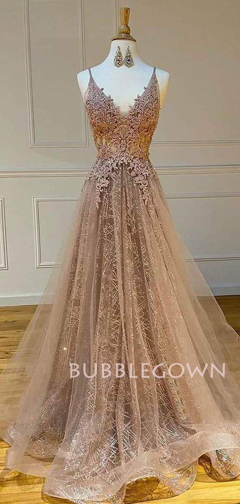 Champagne Lace V-neck Tulle A-line Long Evening Prom Dresses, MR7272