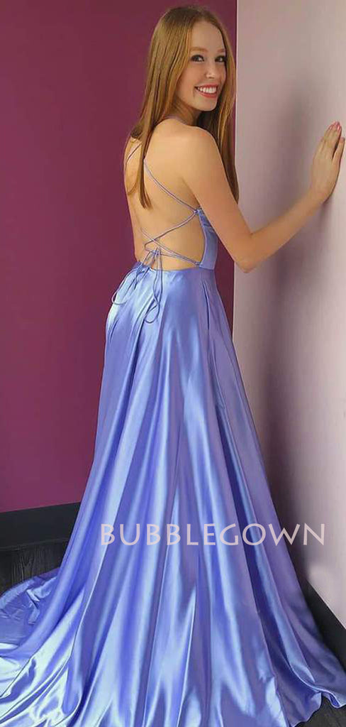 Blue Spaghetti Straps Side Slit  Backless Long Evening Prom Dresses, Cheap Custom Party Prom Dresses, MR7273