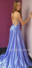 Blue Spaghetti Straps Side Slit  Backless Long Evening Prom Dresses, Cheap Custom Party Prom Dresses, MR7273