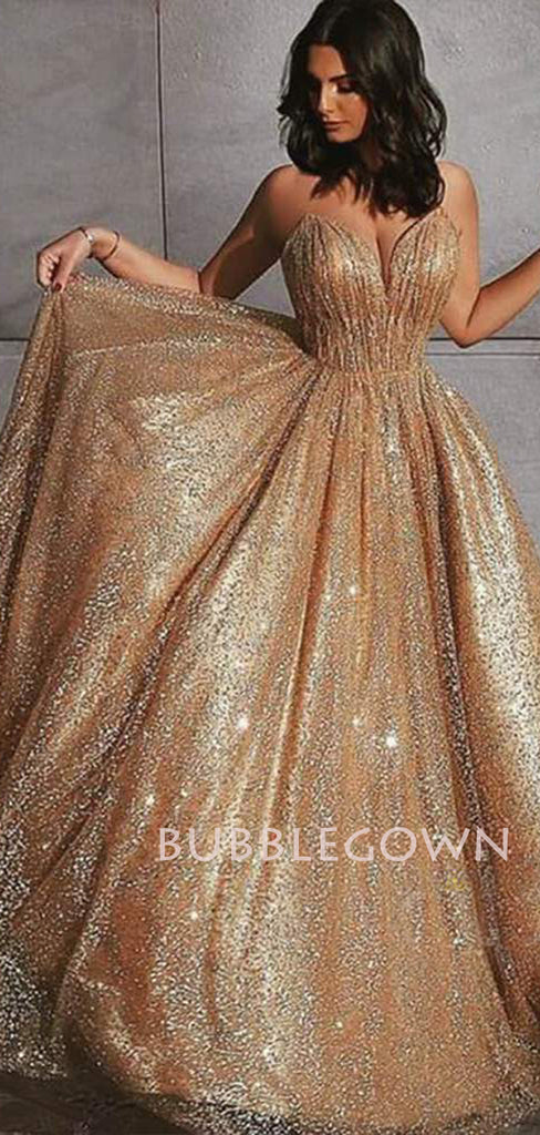 Golden Sequin Backless A-Line Long Evening Prom Dresses, Cheap Custom Sweet Prom dresses, MR7274