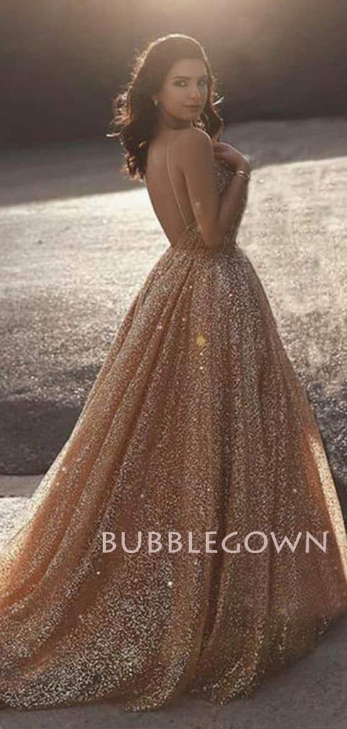 Golden Sequin Backless A-Line Long Evening Prom Dresses, Cheap Custom Sweet Prom dresses, MR7274