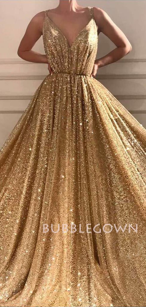 Sexy V Neck Golden Sequin A-Line Long Evening Prom Dresses, Cheap Custom Sweet Prom dresses, MR7275