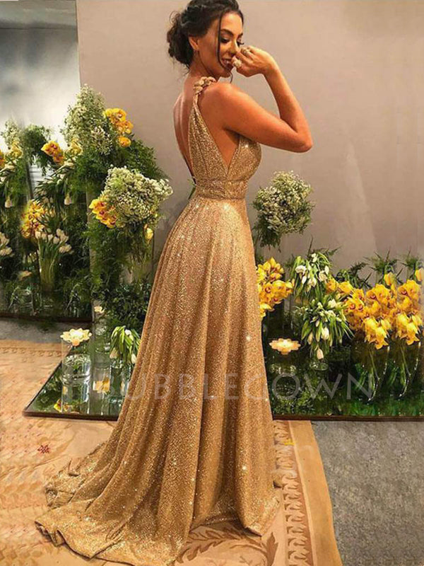 Deep V Neck Golden Sequin Backless A-Line Long Evening Prom Dresses, Cheap Custom Sweet Sharply Prom dresses, MR7276