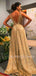 Deep V Neck Golden Sequin Backless A-Line Long Evening Prom Dresses, Cheap Custom Sweet Sharply Prom dresses, MR7276