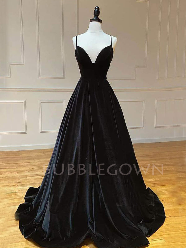 A-Line Backless Black Satin V Neck Long Evening Prom Dresses, Cheap Custom Backless Prom Dresses, MR7279