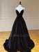 A-Line Backless Black Satin V Neck Long Evening Prom Dresses, Cheap Custom Backless Prom Dresses, MR7279