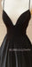 A-Line Backless Black Satin V Neck Long Evening Prom Dresses, Cheap Custom Backless Prom Dresses, MR7279