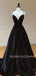 A-Line Backless Black Satin V Neck Long Evening Prom Dresses, Cheap Custom Backless Prom Dresses, MR7279