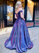 Off Shoulder Blue A-Line Long Evening Prom Dresses, Cheap Custom Dresses,MR7280