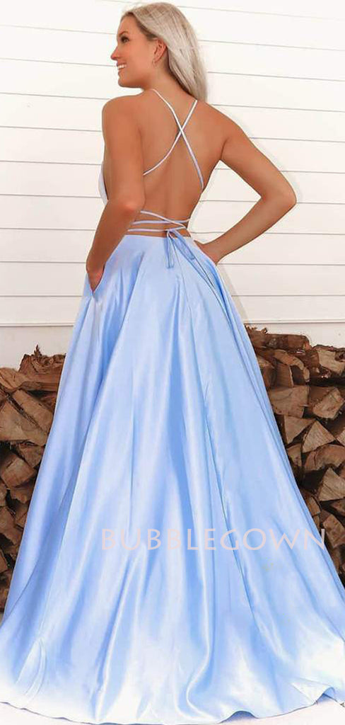 Spaghetti Straps Blue Satin A-Line Side Slit Long Evening Prom Dresses, MR7282