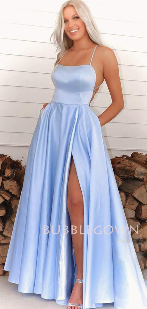 Spaghetti Straps Blue Satin A-Line Side Slit Long Evening Prom Dresses, MR7282