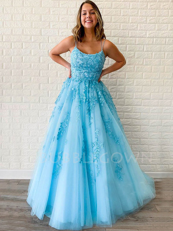 Sexy Backless A-Line Blue Lace Long Evening Prom Dresses, Cheap Tulle Sweet Prom Dresses, MR7284