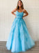 Sexy Backless A-Line Blue Lace Long Evening Prom Dresses, Cheap Tulle Sweet Prom Dresses, MR7284