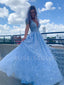 Deep V Neck Blue Lace Long A-Line Evening Prom Dresses, Cheap Custom Prom Dresses, MR7285