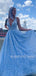 Deep V Neck Blue Lace Long A-Line Evening Prom Dresses, Cheap Custom Prom Dresses, MR7285