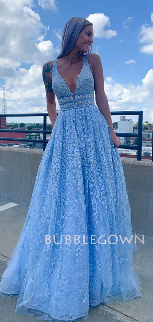 Deep V Neck Blue Lace Long A-Line Evening Prom Dresses, Cheap Custom Prom Dresses, MR7285