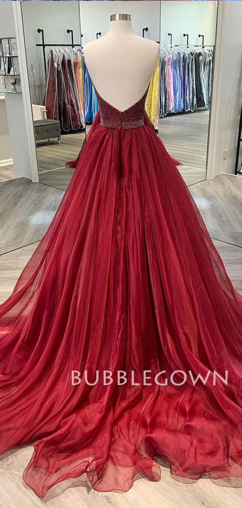 Burgundy Organza A-Line Long Evening Prom Dresses, Cheap Custom Prom Dresses, MR7286