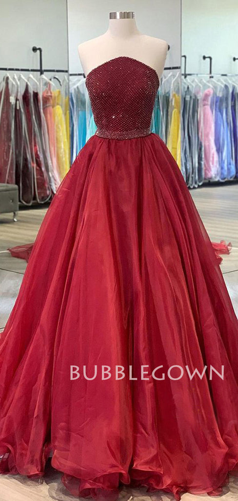 Burgundy Organza A-Line Long Evening Prom Dresses, Cheap Custom Prom Dresses, MR7286