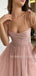 Spaghetti Straps Pink Sharkly Long Evening Prom Dresses, Cheap Custom Homecoming Dresses, MR7287