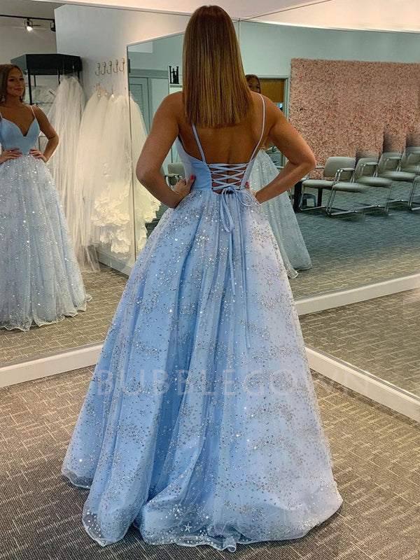 Sparkly A-Line Backless Blue Long Evening Prom Dresses, MR7288