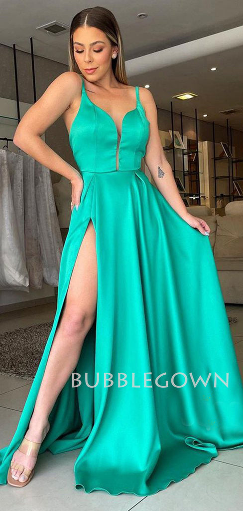 Deep V Neck Blue Satin Side Slit Long Evening Prom Dresses, Cheap Custom Backless Prom Dresses, MR7289