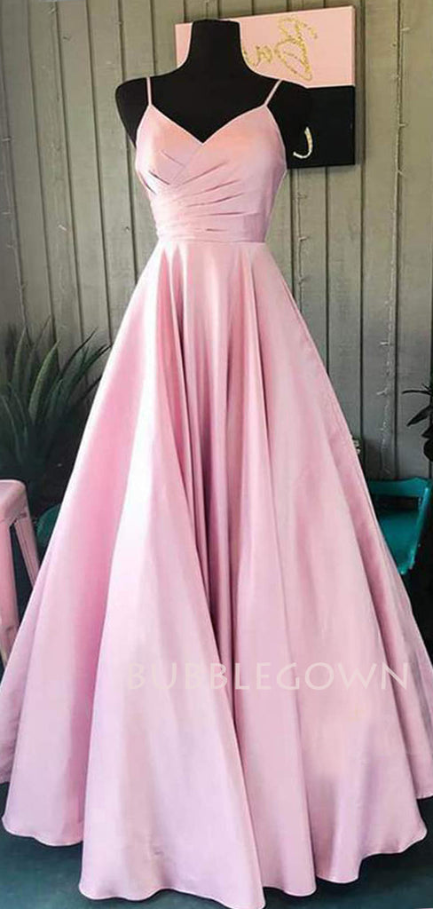 A-Line Pink Satin V Neck Long Evening Prom Dresses, Cheap Custom Backless Prom Dresses, MR7290