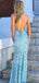 Blue Sparkly Spaghetti Straps Sequin Mermaid Long Backless Evening Prom Dresses, MR7293