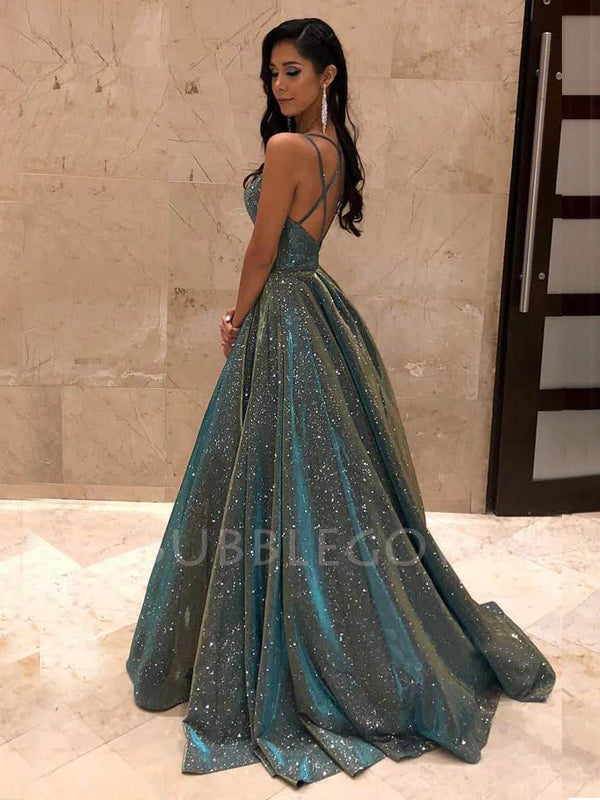 A-Line Spaghetti Straps Backless Sparkle Long Evening Prom Dresses, Cheap Custom Dresses,MR7294