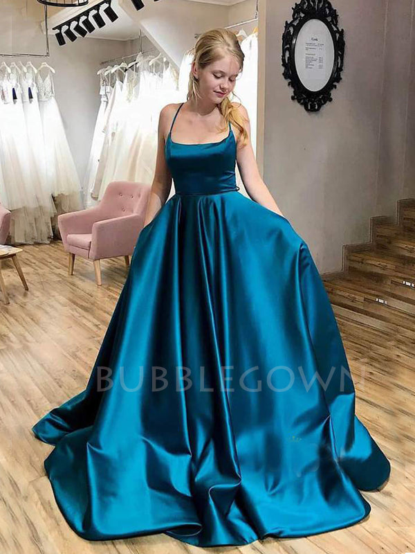 A-Line Satin Backless Spaghetti Straps Long Evening Prom Dresses, Cheap Custom Backless Prom Dresses, MR7295