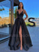 Black Satin Deep V Neck Side Slit Backless Long Evening Prom Dresses, Cheap Custom Backless Prom Dresses, MR7297