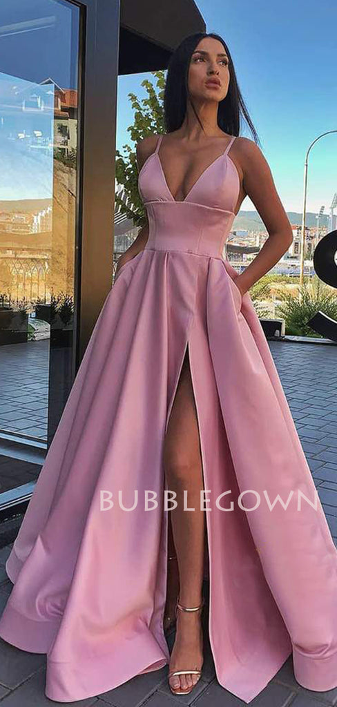 Black Satin Deep V Neck Side Slit Backless Long Evening Prom Dresses, Cheap Custom Backless Prom Dresses, MR7297