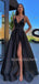 Black Satin Deep V Neck Side Slit Backless Long Evening Prom Dresses, Cheap Custom Backless Prom Dresses, MR7297