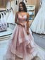 Spaghetti Straps Pink Sparkly Tulle A-line Long Evening Prom Dresses, Cheap Custom Prom Dress, MR7298