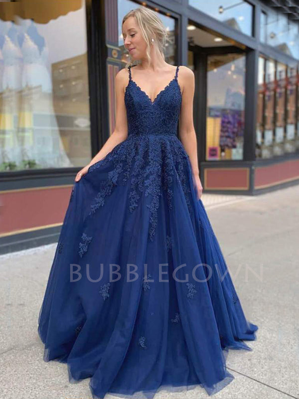 Navy Blue Lace A-line Backless Long Evening Prom Dresses, Cheap Custom V Neck Prom Dress, MR7299