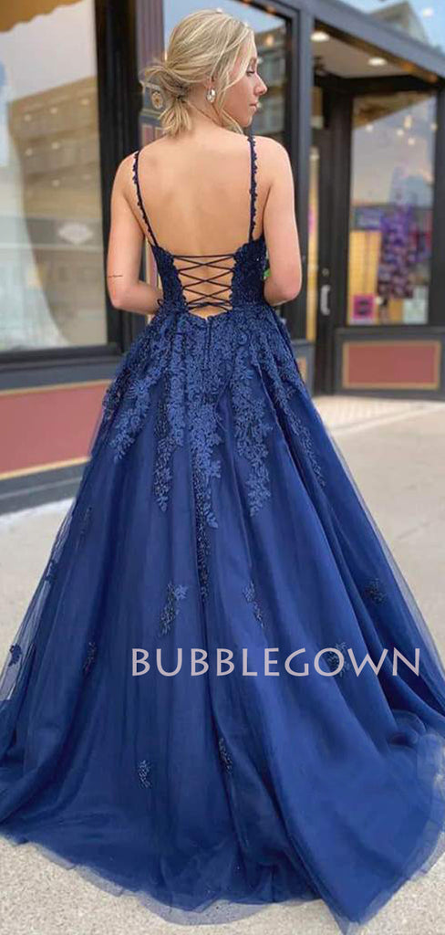 Navy Blue Lace A-line Backless Long Evening Prom Dresses, Cheap Custom V Neck Prom Dress, MR7299