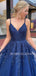 Navy Blue Lace A-line Backless Long Evening Prom Dresses, Cheap Custom V Neck Prom Dress, MR7299