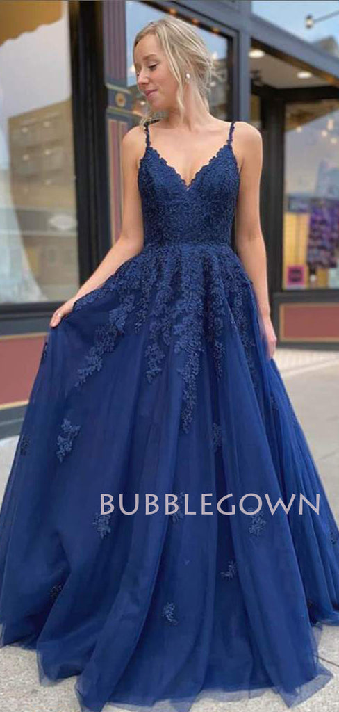 Navy Blue Lace A-line Backless Long Evening Prom Dresses, Cheap Custom V Neck Prom Dress, MR7299