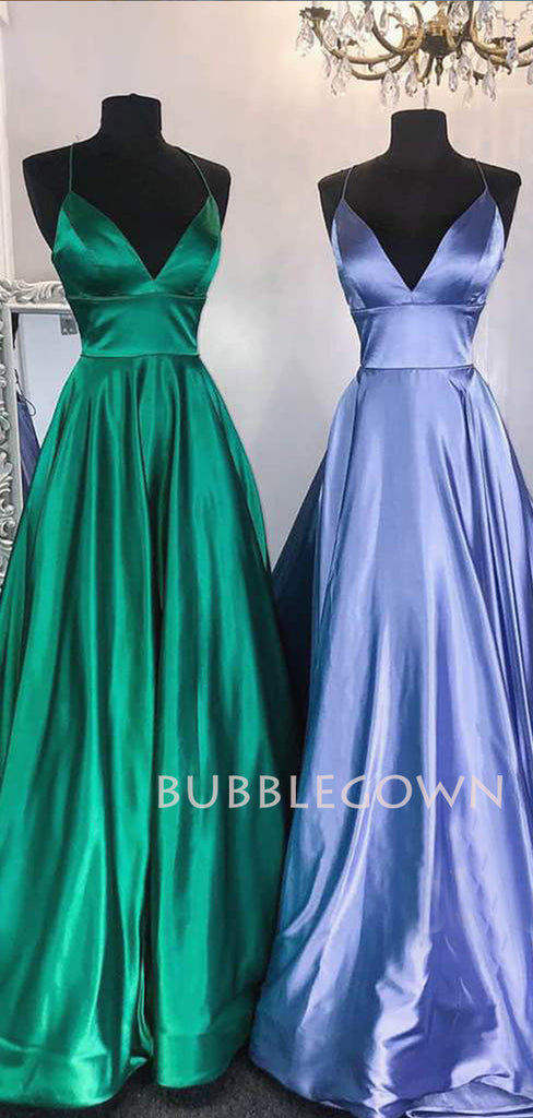 Deep V Neck A-Line Satin Long Evening Prom Dresses, Cheap Custom Backless Prom Dresses, MR7300