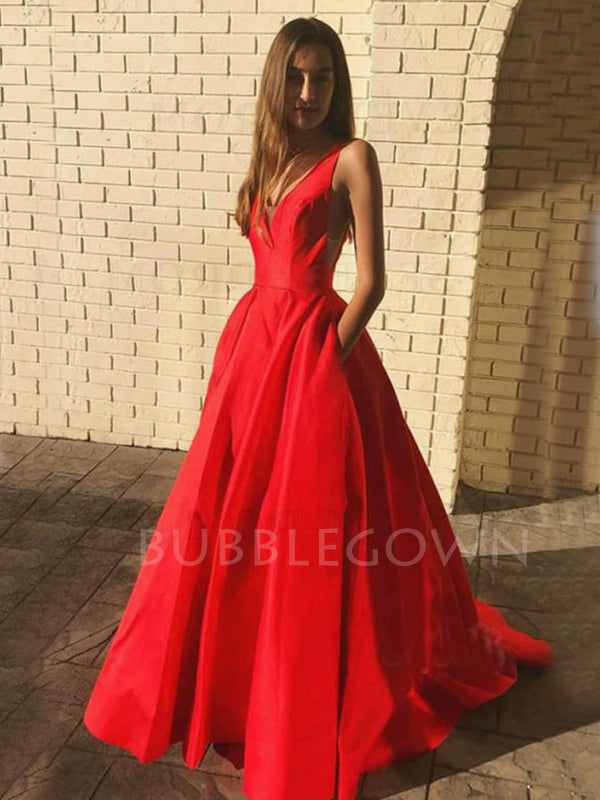 Deep V Neck Red Satin Long V Back Evening Prom Dresses, Cheap Custom prom dresses, MR7301