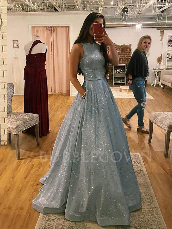 A-Line Sliver Sparkle Long Evening Prom Dresses, Cheap Custom Prom Dress, MR7302