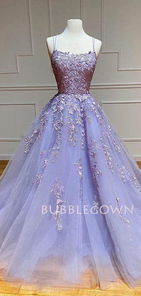 A-Line Spaghetti Straps Lace Embroidery Long Evening Prom Dresses, Cheap Tulle Sweet Prom Dresses, MR7303