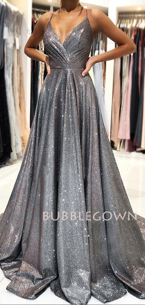 Sexy V Neck A-Line Sliver Grey Sparkle Backless Long Evening Prom Dresses, Cheap Custom Prom Dress, MR7305