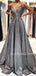 Sexy V Neck A-Line Sliver Grey Sparkle Backless Long Evening Prom Dresses, Cheap Custom Prom Dress, MR7305