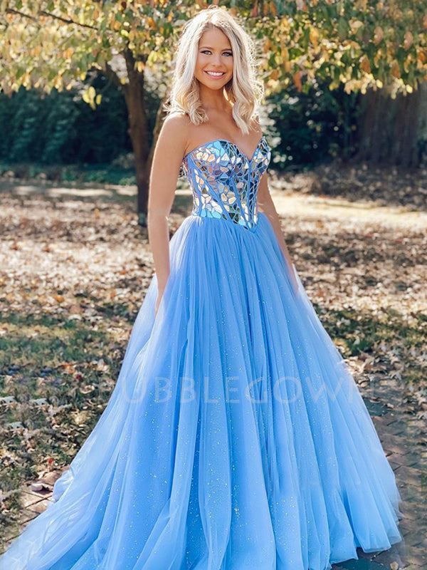 A-Line Rhinestone Backless Blue Tulle Long Evening Prom Dresses, Cheap Custom Prom Dresses, MR7309