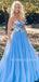 A-Line Rhinestone Backless Blue Tulle Long Evening Prom Dresses, Cheap Custom Prom Dresses, MR7309