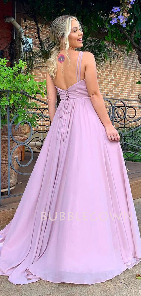 Deep V Neck Simple Backless Chiffon Cheap Long Evening Prom Dresses, MR7311