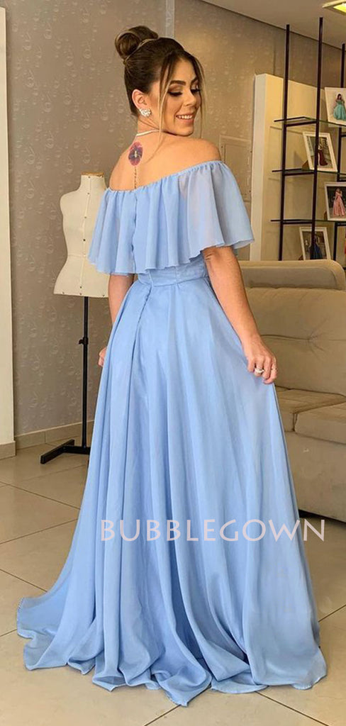 Off Shoulder Blue Chiffon Cheap Long Evening Prom Dresses, MR7312