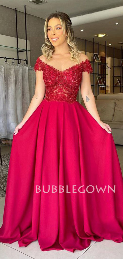 V Neck A-Line Off Shoulder Red Satin Long Evening Prom Dresses, MR7313